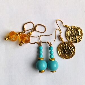 Gold, Turquoise, Citrine Earrings Set of 3, Drop, Dangle.  New. Gold Plated. New